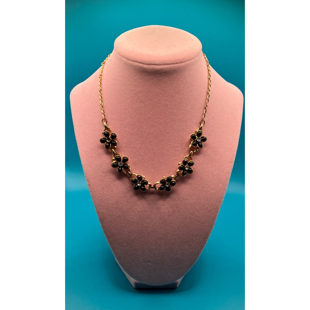 Vintage Flower Choker Necklace Womens OS Black Gold Enamel Rhinestone Floral